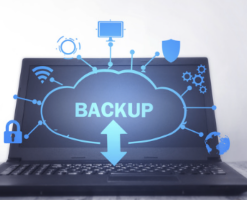 Laptop displaying a cloud icon with the word "BACKUP" and connected icons representing various data security elements, illustrating "data backup and disaster recovery."